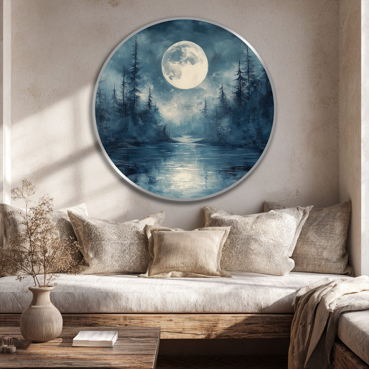 Ripples animate the 'Moonlit Silence' round oil painting, giving a mystical forest scene an ethereal sense of motion perfect for sophisticated oil painting home decor.