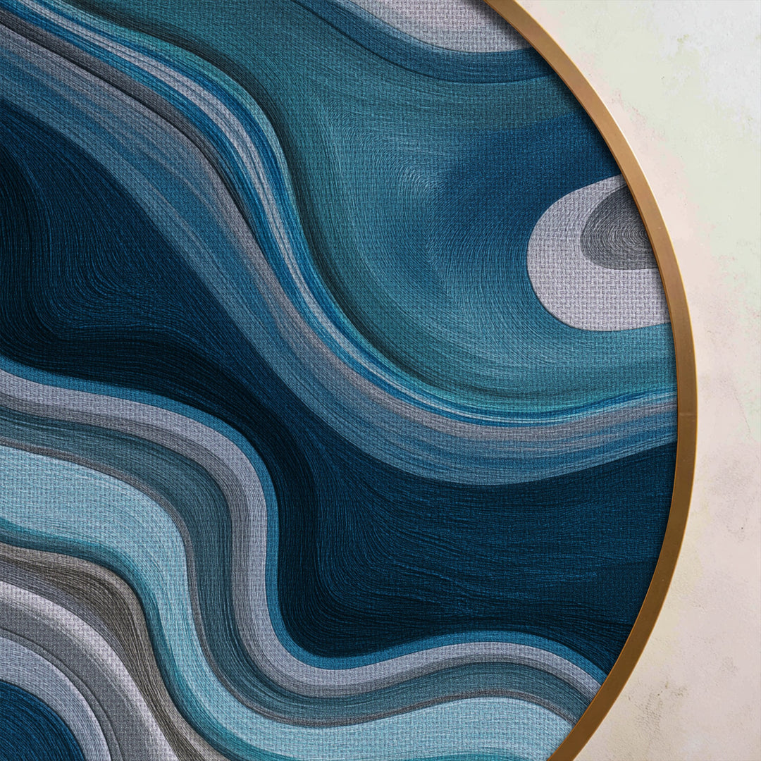 Fluid Teal Waves Round Canvas Print – Modern Abstract Wall Art