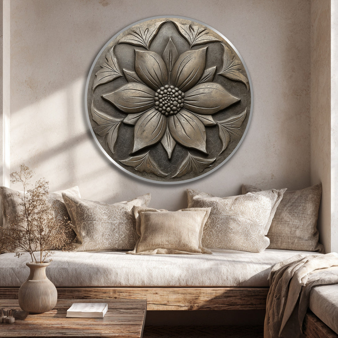 Beige hues dominate this vintage blossom relief, a round oil painting, providing an elegant botanical oil painting home decor accent for farmhouse interiors.
