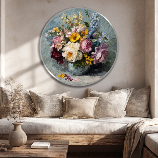 Light and shadow play across the textured surface of the round oil painting art piece, emphasizing the vibrant floral bouquet in a sunlit interior scene.