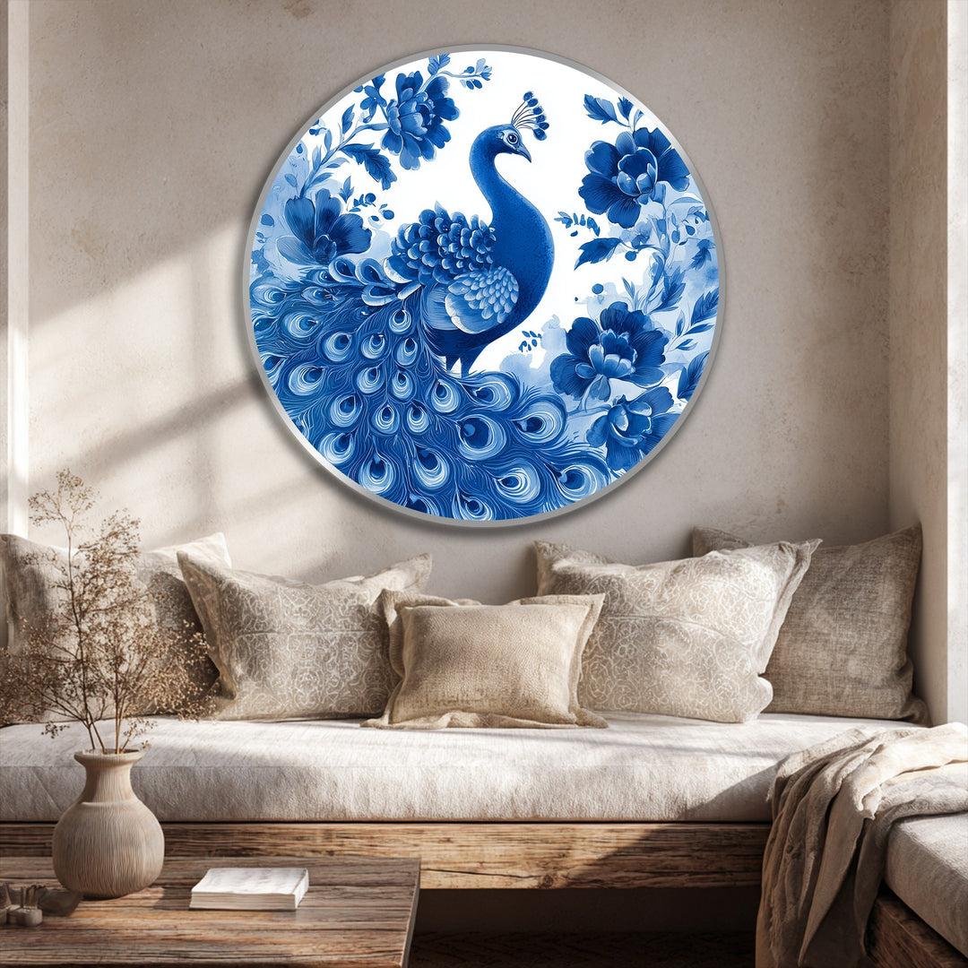 Layered details emphasize the depth of this indigo peacock oil painting wall art, where blossoms surround the regal bird in a striking composition.