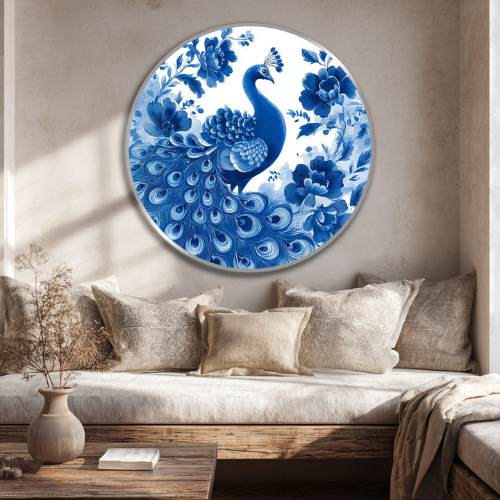 Layered details emphasize the depth of this indigo peacock oil painting wall art, where blossoms surround the regal bird in a striking composition.