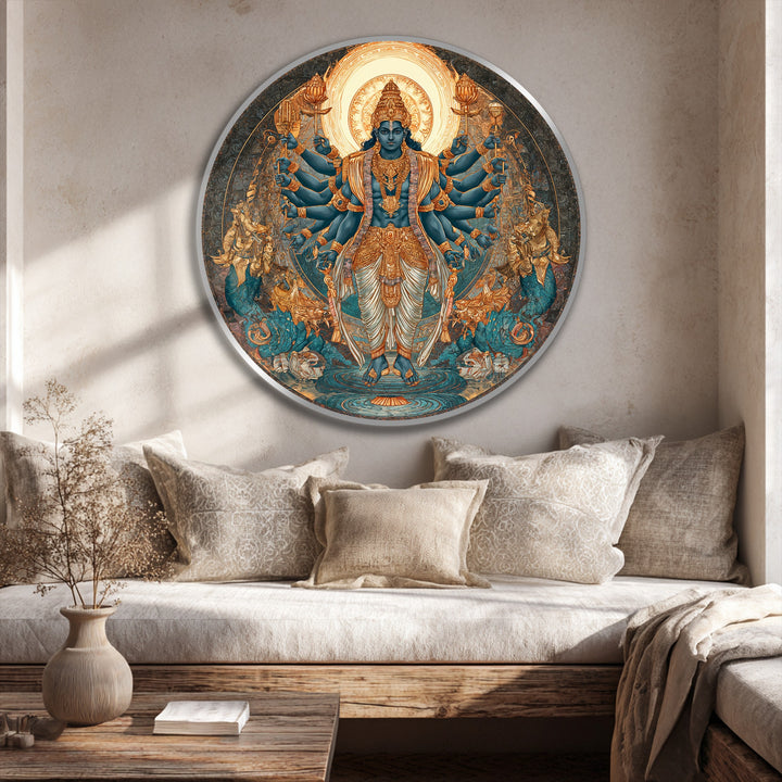 Radiating symmetry highlights the geometric precision in this circular oil painting artwork, featuring a multi-armed deity encircled by ornate patterns and a radiant halo.