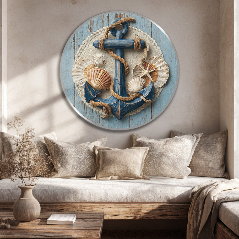 Framed with a subtle silver border, the round Nautical Anchor with Seashells Coastal oil painting reproduction print adds a refined edge.