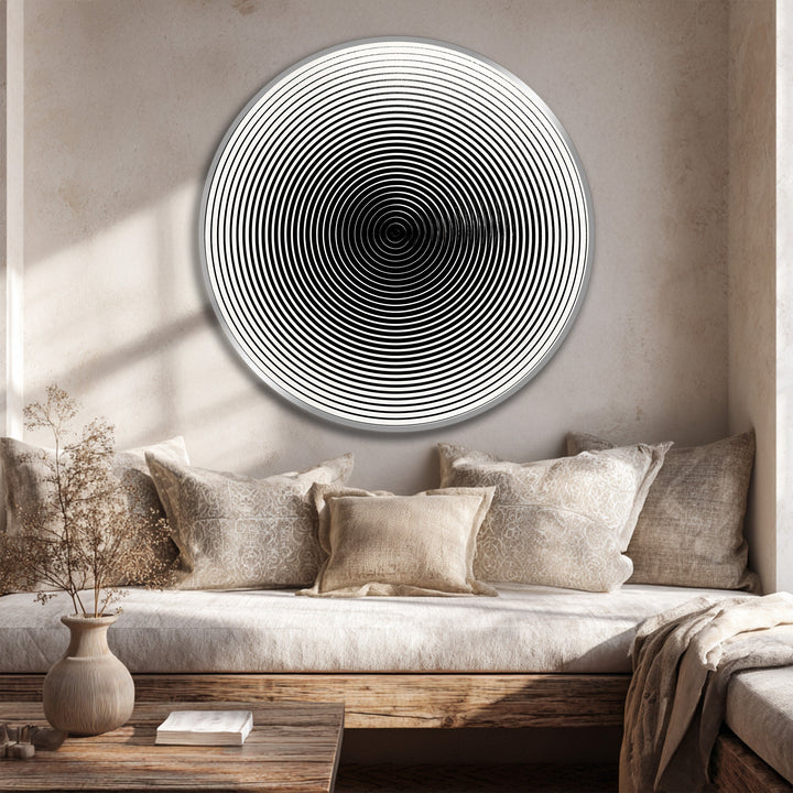 Visual rhythm is created by concentric lines in this round wooden oil painting providing oil painting home decor with a hypnotizing minimalist wall art piece.