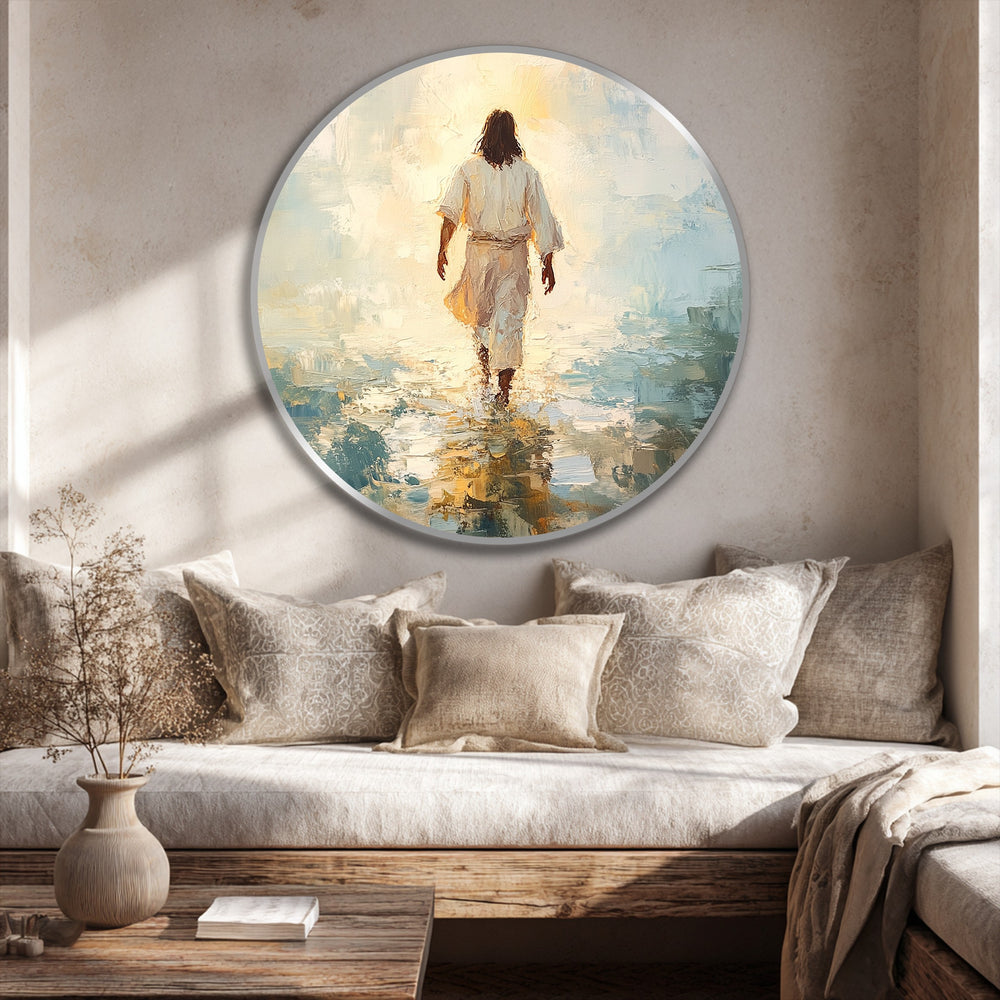 Highlighting the layering effect, this Into the Light oil painting wall art shows a figure walking towards a radiant horizon, creating depth in serene brushstrokes.