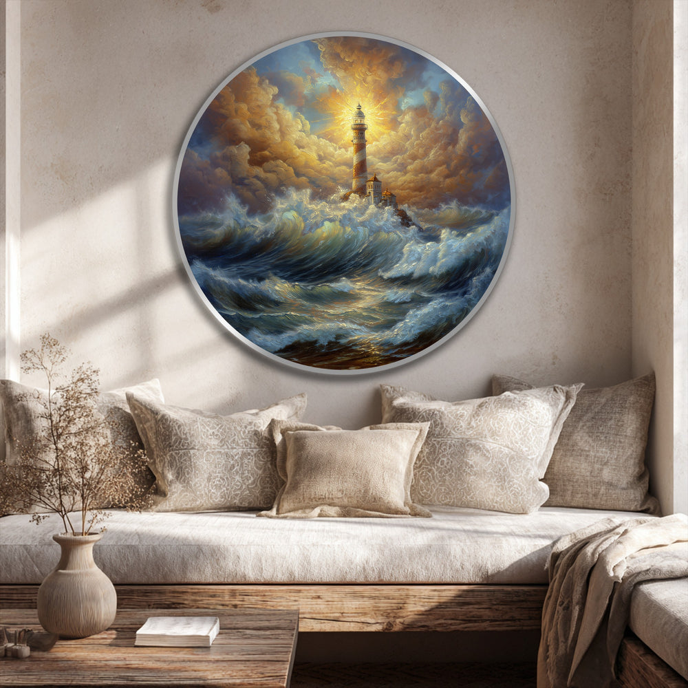 Horizontal round oil painting art piece features a dramatic scene of a lighthouse battling stormy seas, illuminated by a radiant, glowing sky.