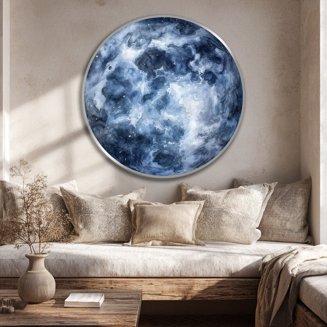 Showcasing the layering effect, this round abstract oil painting decoration evokes the cosmos with its deep blues and whites, resembling a midnight nebula.