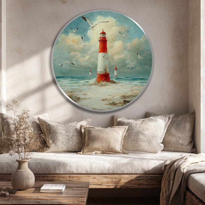 Striking in its abstract quality, the coastal beacon with seagulls round oil painting evokes a sense of depth with modern oil painting art techniques and nautical coastal imagery.