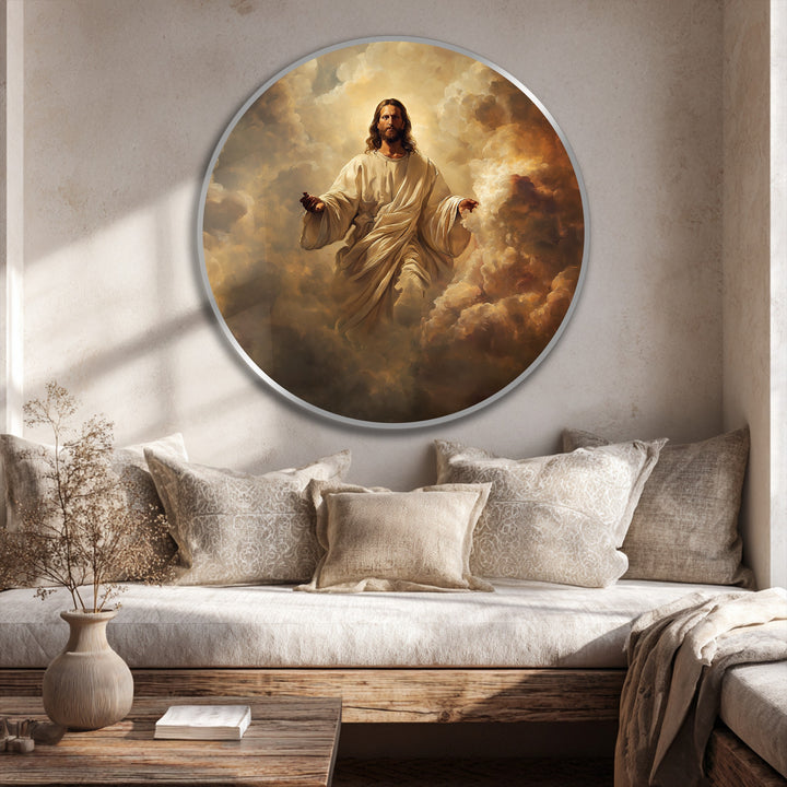 A radiant round framed oil painting art with a thin silver edge, showcasing modern oil painting art of Christ rising from clouds in heavenly light.