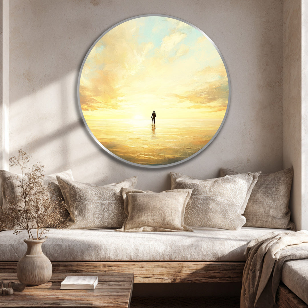 Soledad Dorada – Reflexión del Atardecer Redonda Cuadro al óleo