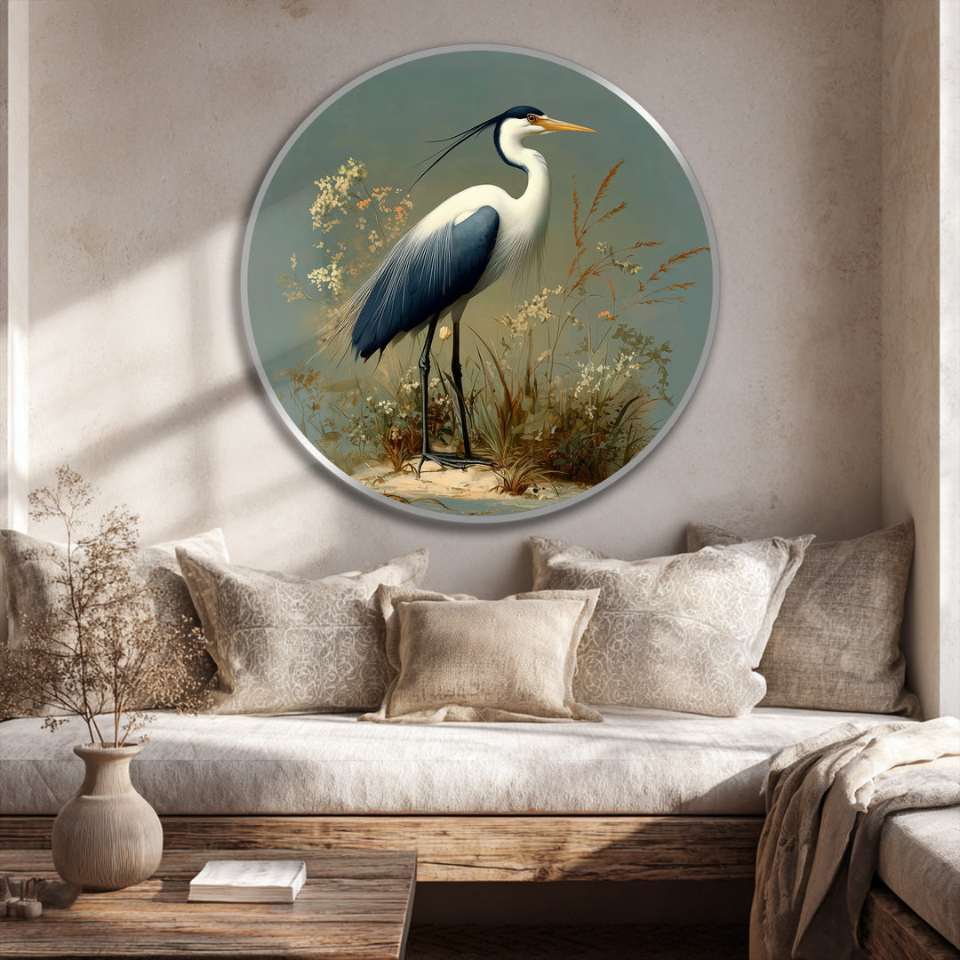 Dominated by soft sage and cream hues, this round oil painting art piece features a majestic heron, offering elegant nature-inspired decor.