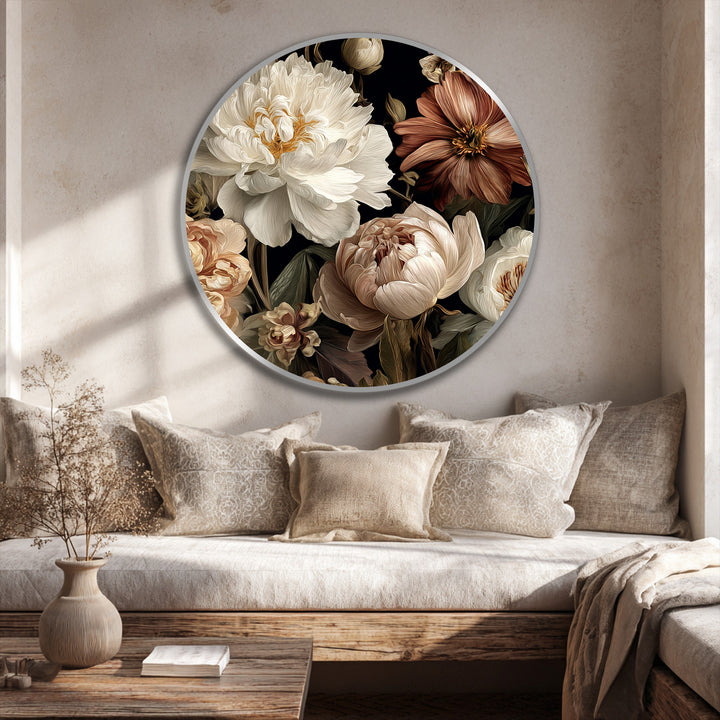Light accentuates the velvet bloom of this round, floral oil painting artwork, casting deep shadows that enhance the elegance of peonies.