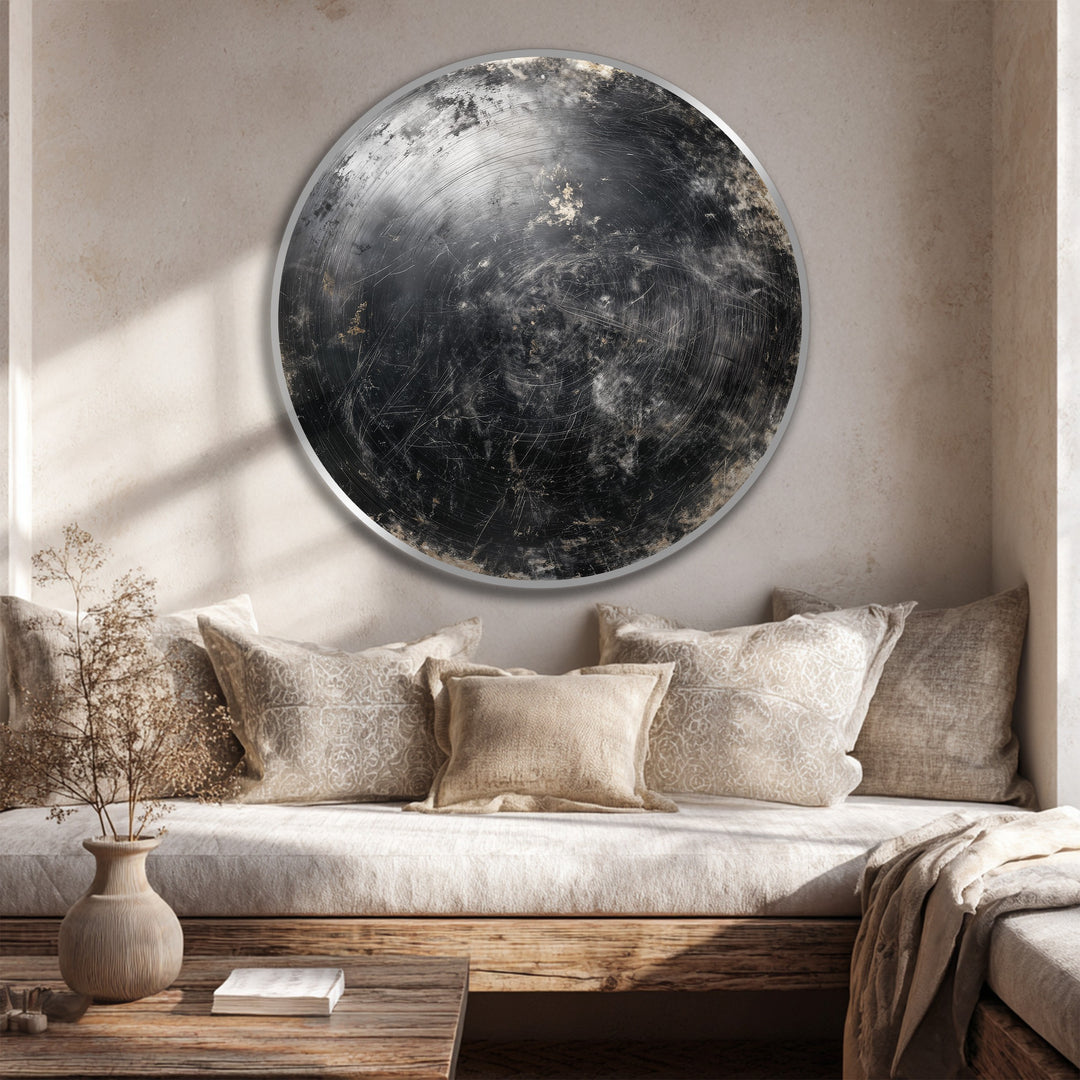 Brooding and intense, the abstract round wooden Midnight Orbit oil painting art prints capture a cosmic mood with dark metallic textures.