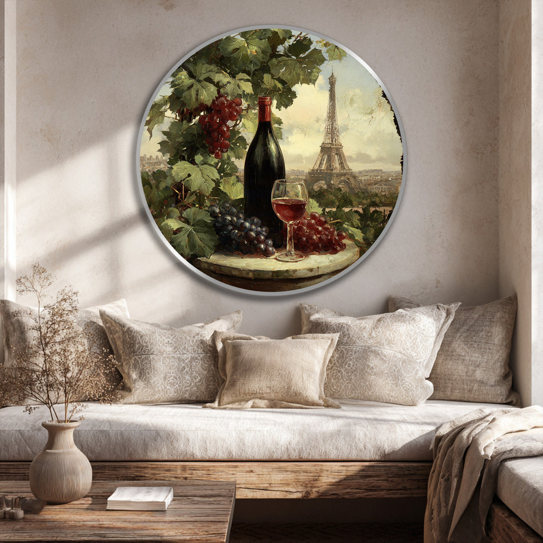 The stillness in the Parisian vineyard round oil painting artwork captures the tranquil beauty of a still life with wine, grapes, and the distant Eiffel Tower.