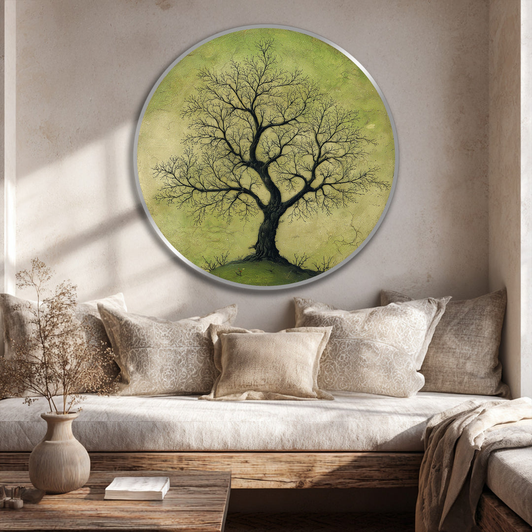 Soft, muted greens in this round oil painting artwork create a calming backdrop for the solitary, branching tree, offering nature-inspired wall art for serene interiors.
