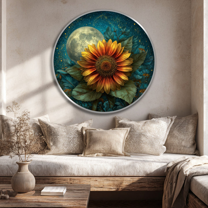 Featuring a delicate silver-tone frame that enhances the dreamy moonlit sunflower bloom, this exquisite oil painting art piece evokes a sense of timeless beauty.