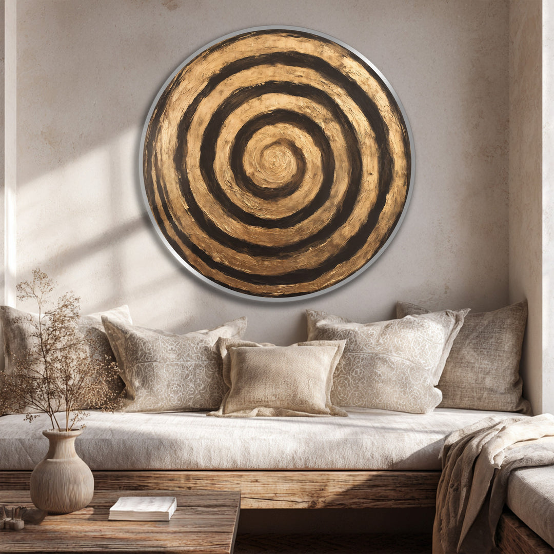Ondulation dorée–Bois rond abstrait Tableau Peinture à l’huile Art mural