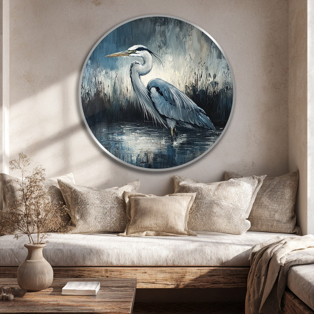 Encircling the elegant heron, the metallic border on this round oil painting art piece adds a modern touch, enhancing the painting's circular form and silent waters theme.
