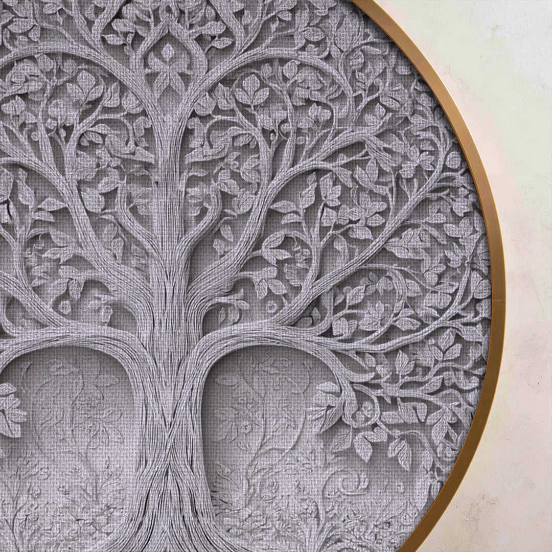 Elegante stampa su tela rotonda con rilievo dell'Albero della Vita - Arte botanica da parete bianca