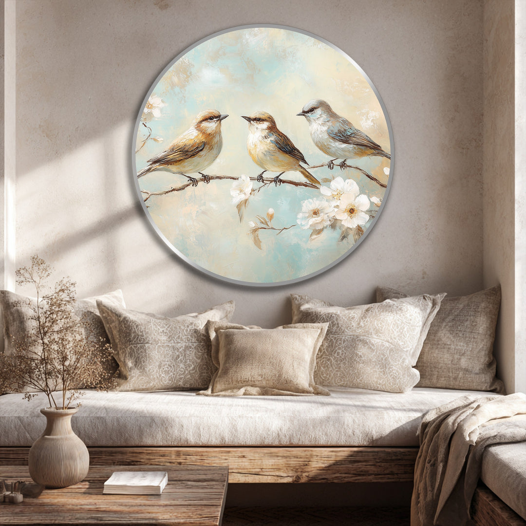 Whispering Blossoms – Three Songbirds Round Oil Painting