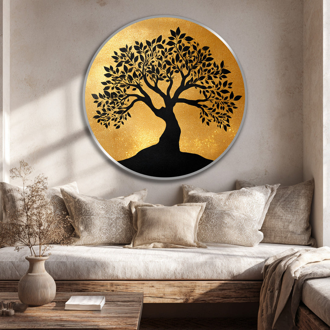 Golden Serenity – Silhouette di albero rotonda Quadro a Olio su legno