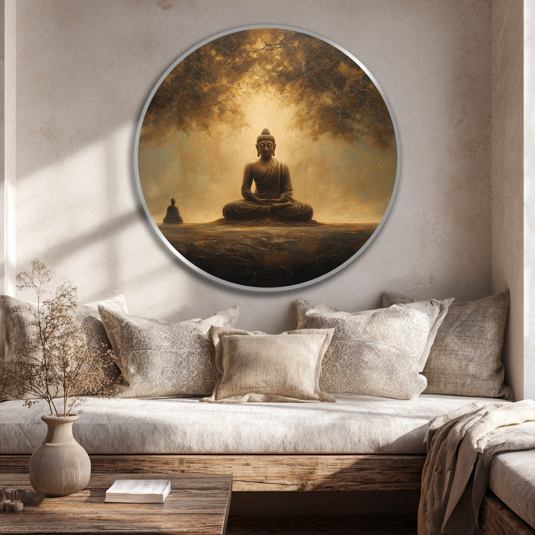 Undulating strokes of light and shadow animate this golden, round oil painting artwork of a serene Buddha, creating a dynamic sense of peace and contemplation.