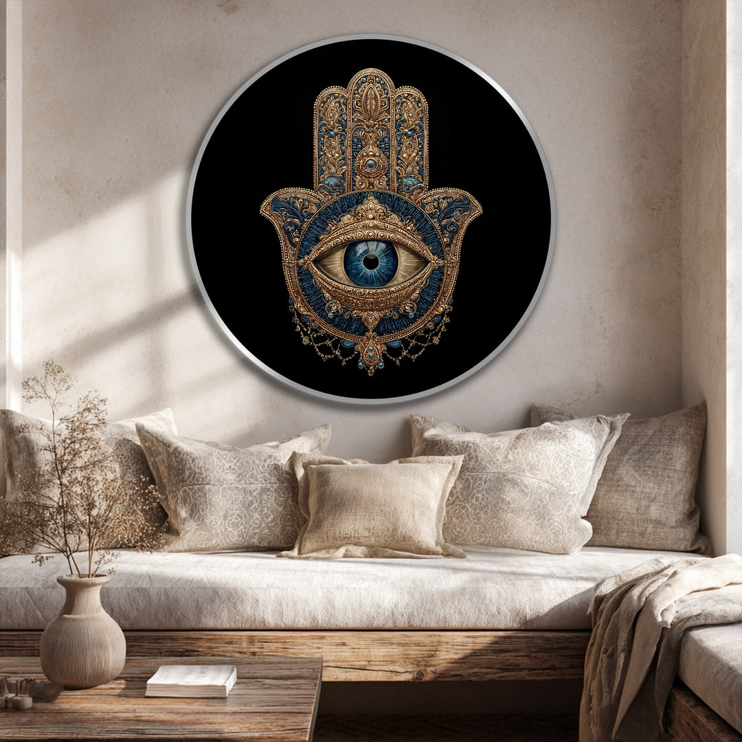 Brightest in this mystic hamsa eye, the round oil painting decoration showcases a protective symbol with ornate gold and deep blue details on a black background.