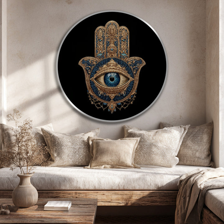 Brightest in this mystic hamsa eye, the round oil painting decoration showcases a protective symbol with ornate gold and deep blue details on a black background.