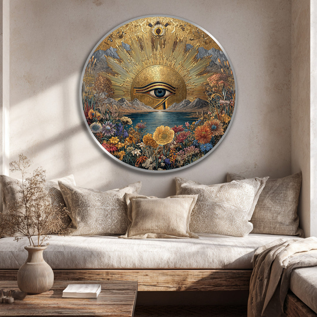 Golden Horizon Eye – Sacred Landscape Round Wooden Oil Painting Wall Art