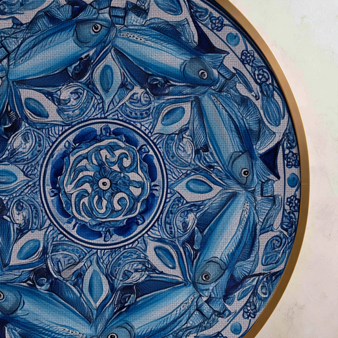 Blue Fish Mandala Round Canvas Print – Coastal Decorative Wall Art