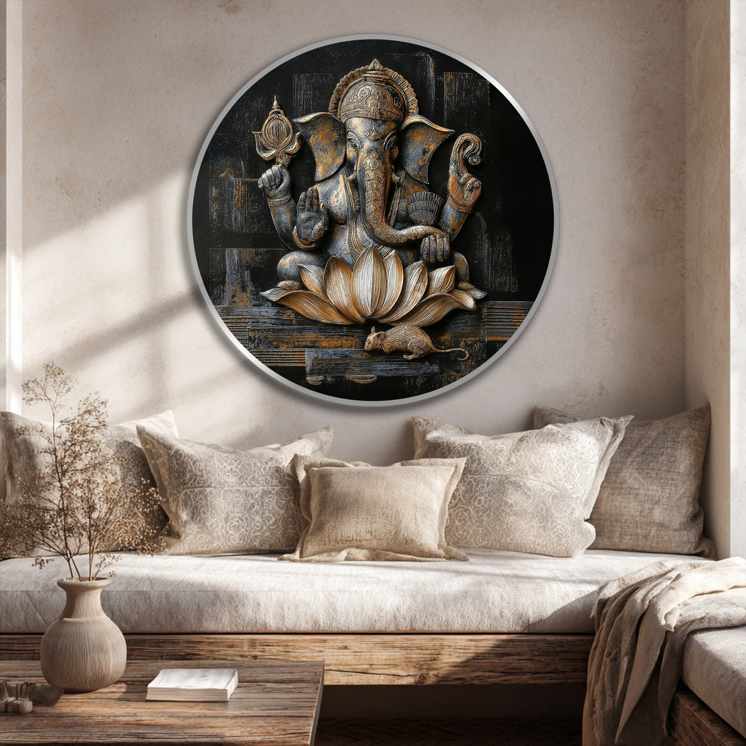 Sunlight casts light and shadow, accentuating the bronze and gold tones of this Ganesha Lotus round oil painting art prints.