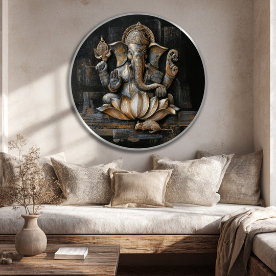 Sunlight casts light and shadow, accentuating the bronze and gold tones of this Ganesha Lotus round oil painting art prints.