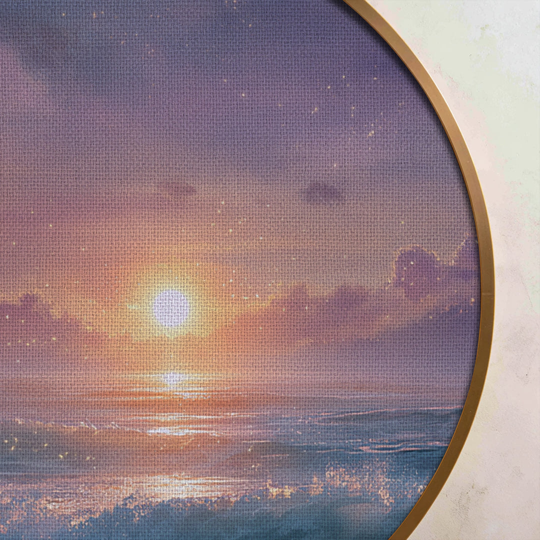 Toile ronde « Coucher de soleil onirique et scintillant sur l'océan » –Décoration murale représentant un paysage marin magique