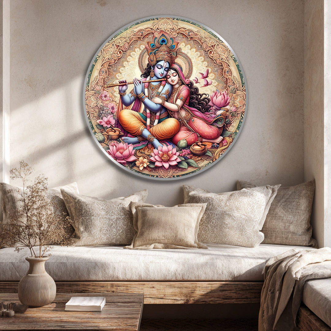 The central subject is a round, vibrant oil painting home decor depicting Radha Krishna in eternal love, surrounded by lotus blossoms and a golden mandala design.