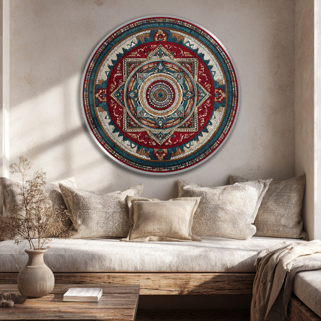 The background features a textured beige wall providing a neutral backdrop for the ornate geometric mandala round oil painting wall art.