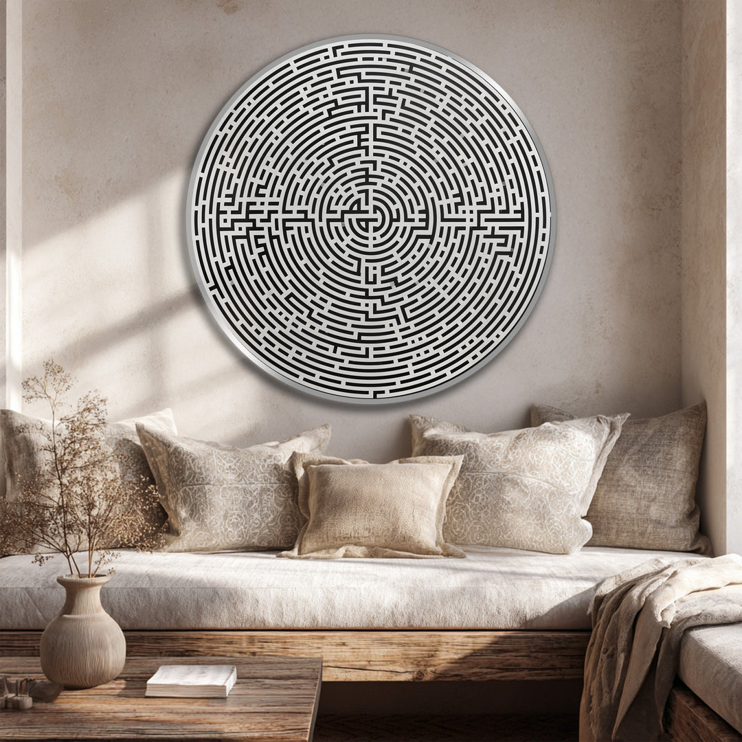 Crafted on quality wood, this modern minimalist round labyrinth oil painting reproduction print showcases rich, fine art textures and meticulous geometric details.