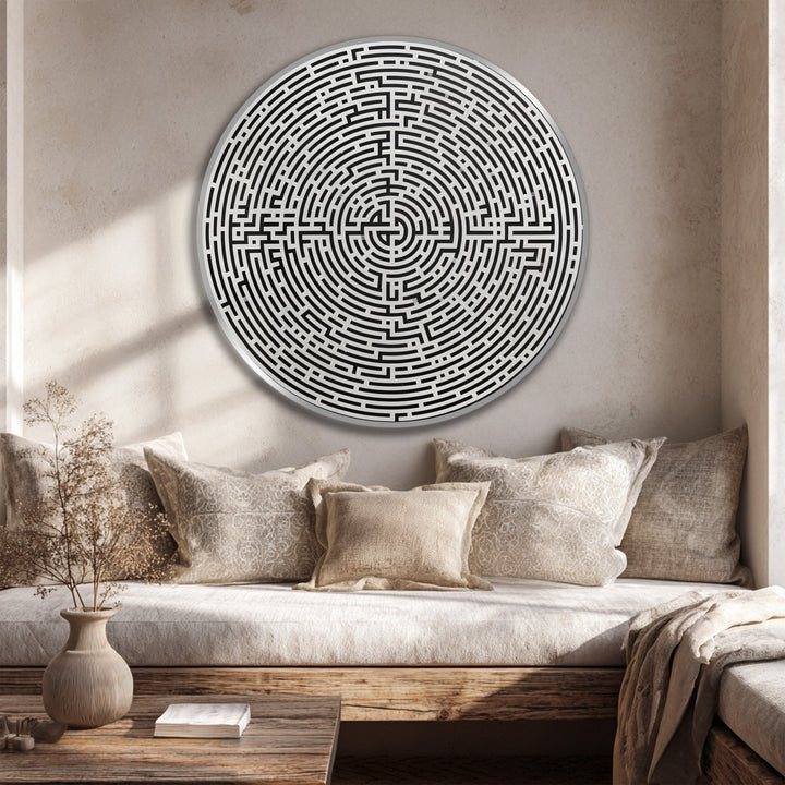 Crafted on quality wood, this modern minimalist round labyrinth oil painting reproduction print showcases rich, fine art textures and meticulous geometric details.
