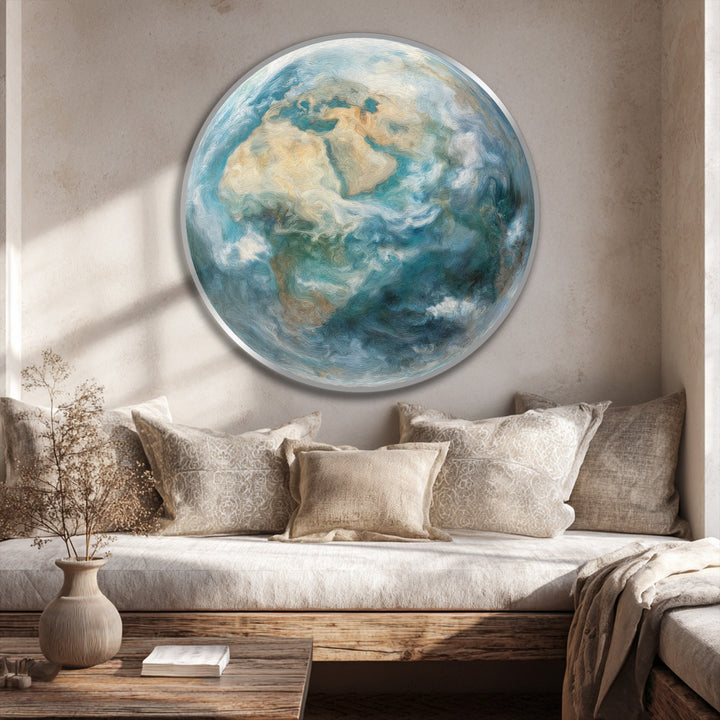Soft, blended hues create a serene earth globe, showcasing intricate details in this captivating oil painting art prints piece.