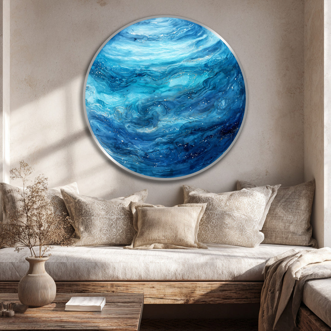 Celestial Ocean Drift – Blue Abstract Round Oil Painting