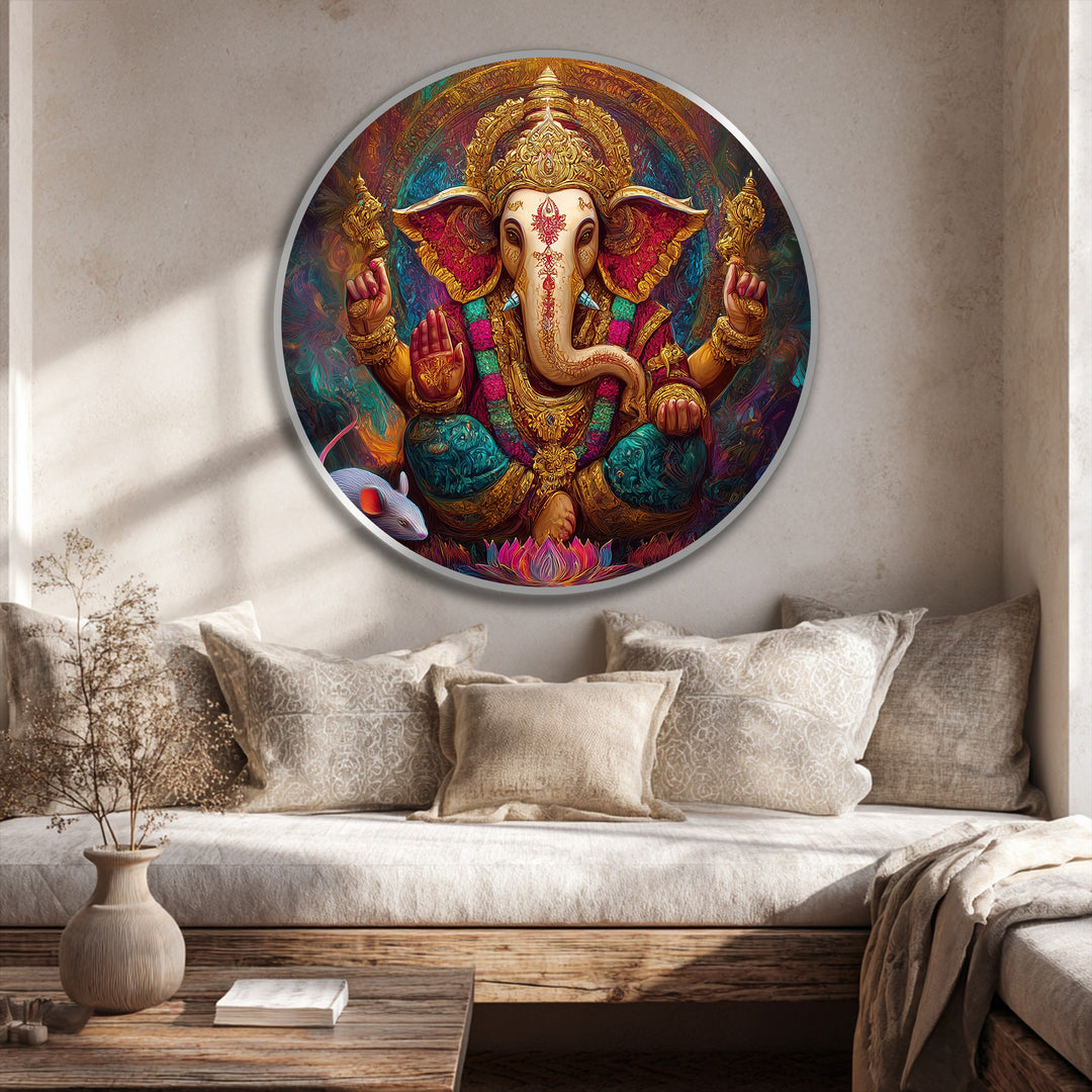 The divine prosperity Ganesha round oil painting decoration showcases a captivating layering effect with radiant gold and jewel tones creating spiritual depth.