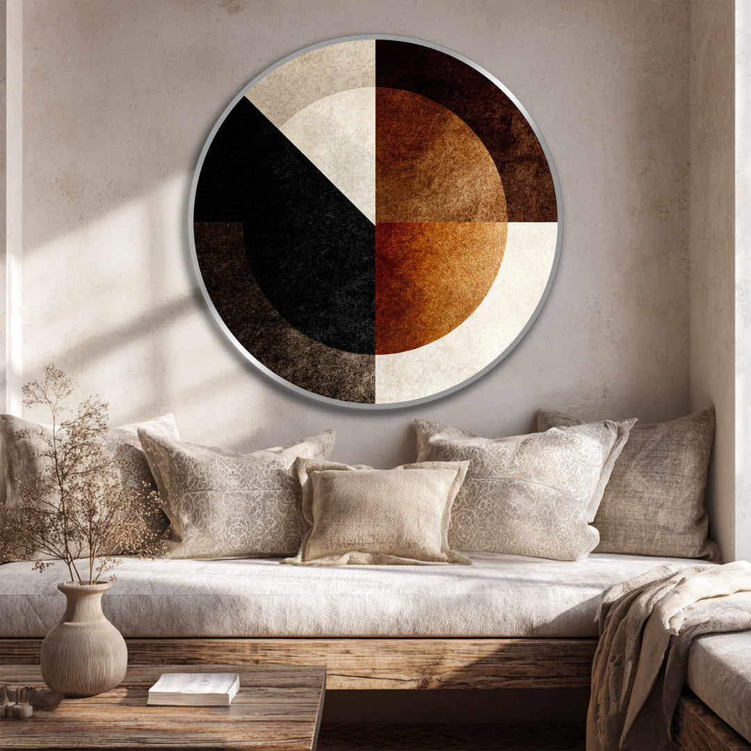 Defined by its sleek, silver-toned edge, this circular geometric 'oil painting wall art' showcases a warm palette within a clean border for a sophisticated look.