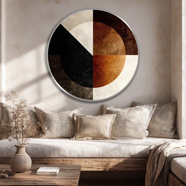 Defined by its sleek, silver-toned edge, this circular geometric 'oil painting wall art' showcases a warm palette within a clean border for a sophisticated look.