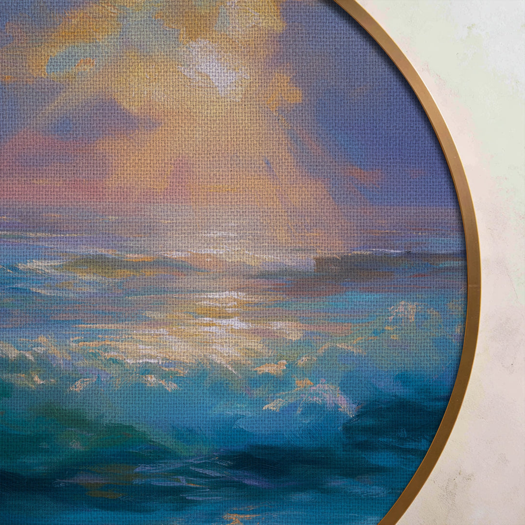 Golden Light Over Turquoise Waves Round Canvas Print – Serene Ocean Sunrise Wall Art