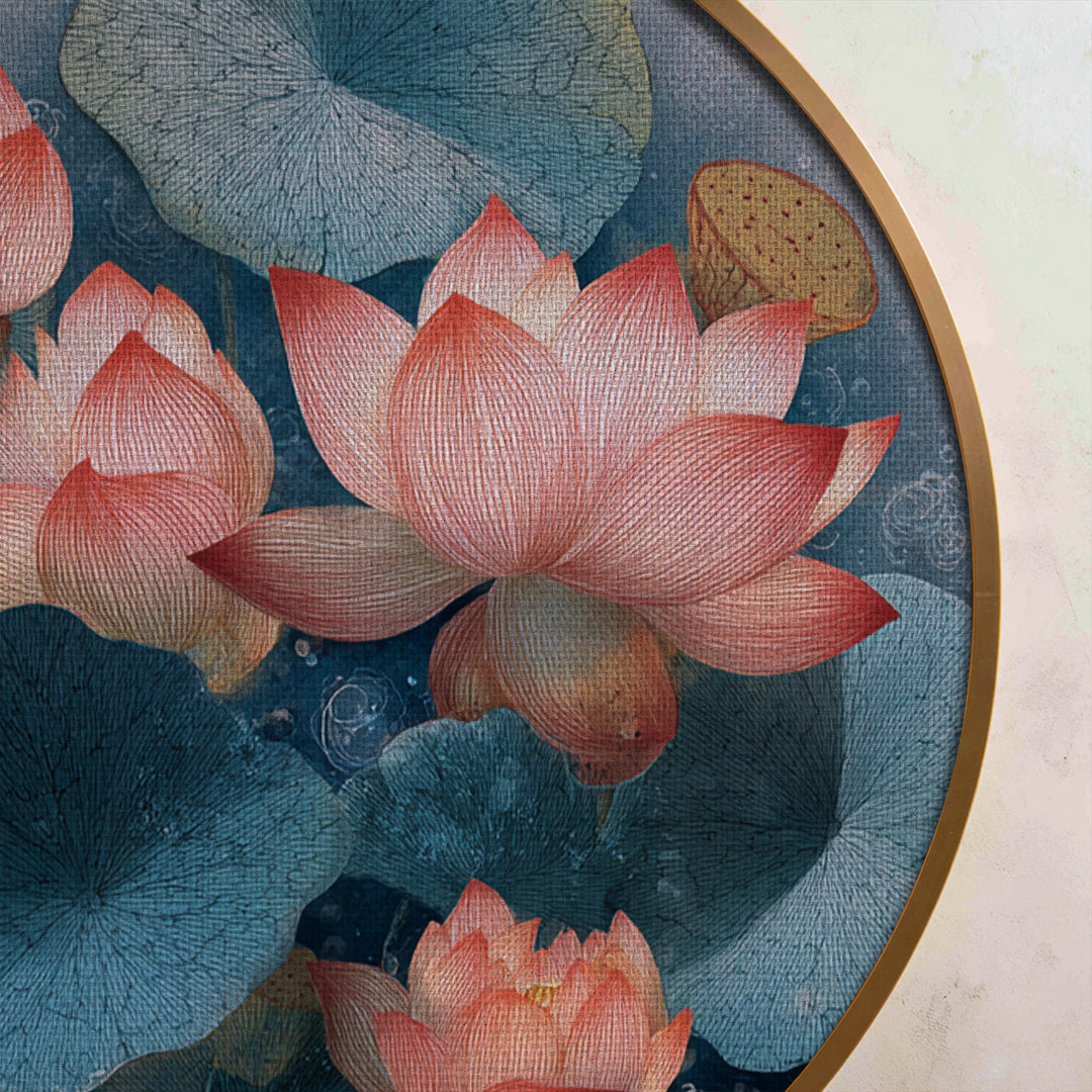 Stampa su tela rotonda con sereni fiori di loto e ninfee – Arte murale ispirata alla natura.