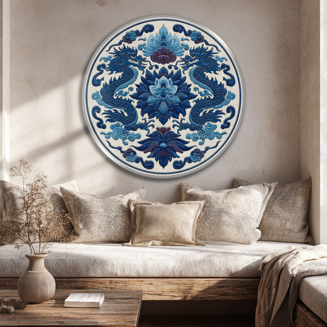 The stillness of a round oil painting art piece is evoked with twin royal blue dragons circling floral motifs, bringing a sense of calm elegance as home decor.