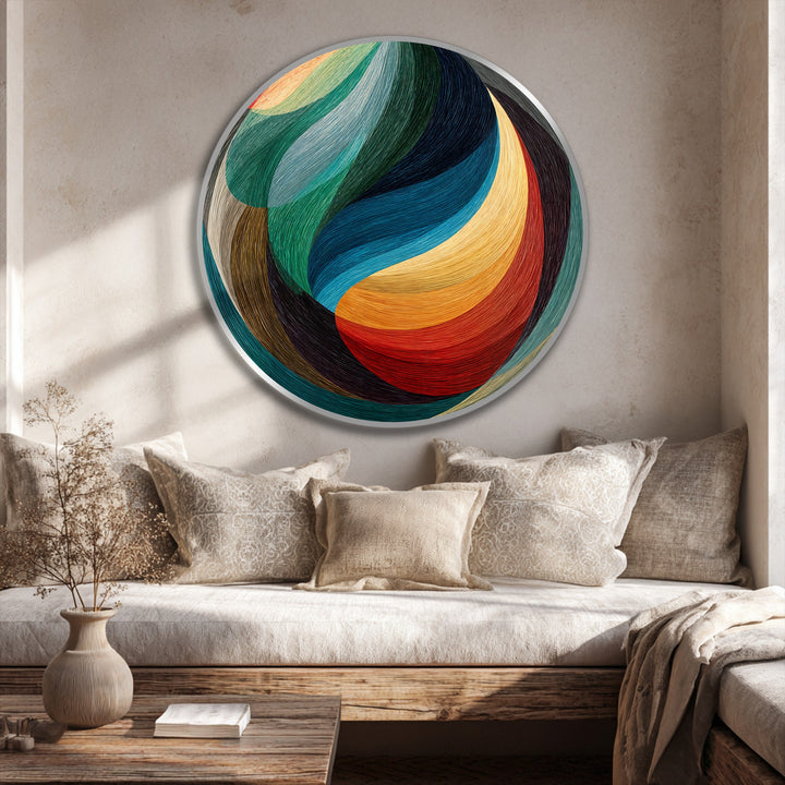 Visual rhythm flows across this chromatic oil painting decoration, as spiraling bands of red, orange, blue, green, and brown create an abstract circular motion.