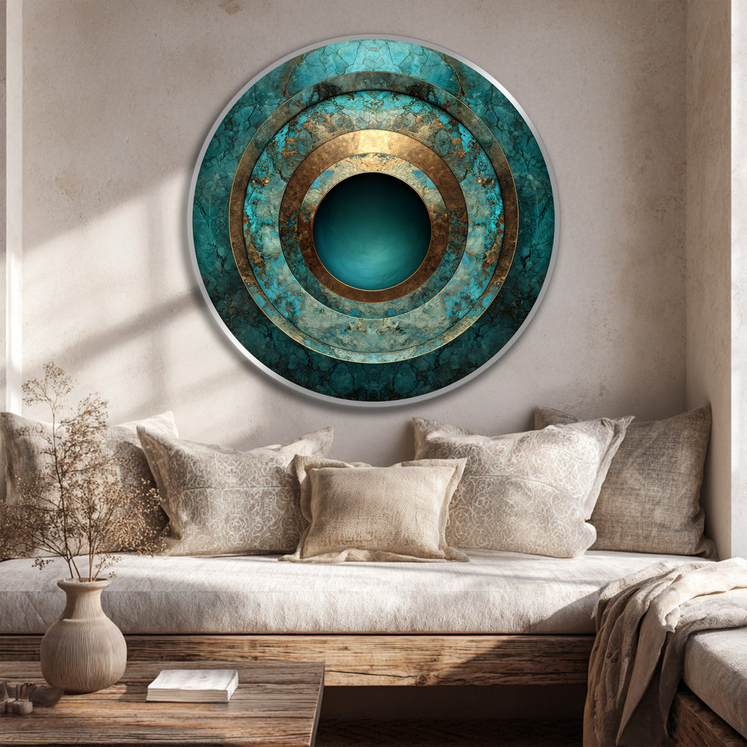 Layered depth is achieved in this turquoise and gold abstract round oil painting artwork on wood, creating a mesmerizing concentric effect.