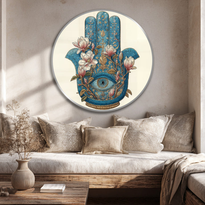 Layers of detail create depth in this round modern oil painting art, highlighting a turquoise floral Hamsa eye, offering a mystical and elegant focal point.