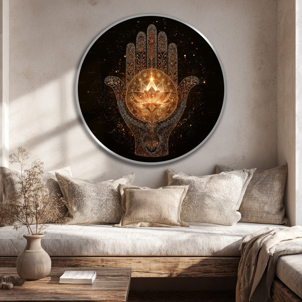 Showing the realistic detail, the round sacred illumination golden Hamsa lotus is a stunning oil painting wall art piece showcasing a lotus flower in exquisite detail.